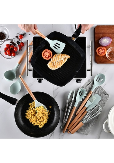 9 Parça Mutfak Aletleri Seti Silikon Mutfak Gereçleri Seti Ahşap Saplı Pişirme Seti Şef Yapışmaz Pişirme Eşyaları Mutfak Aletleri Yeşil