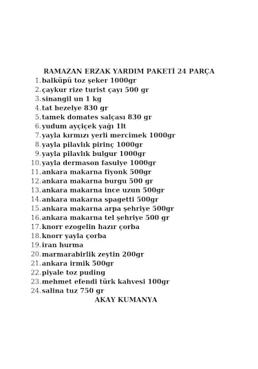 Ramazan Erzak Paketi Kumanya Kolisi 24 Parça