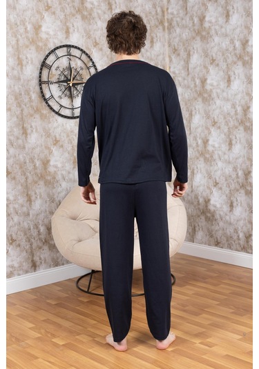 Erkek Boydan Düğmeli Yüksel Kalite Pamuk Pijama Takımı 16511 Lacivert