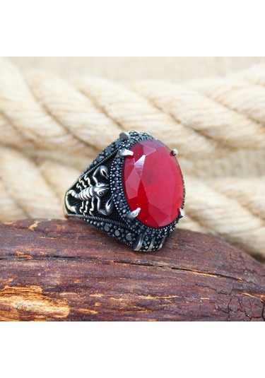 Akrep Tasarım Kırmızı Taşlı 925 Ayar Gümüş Erkek Yüzük Gümüş