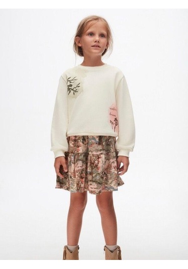 Kız Çocuk Pamuklu Orta Kalınlık Batik Desenli Sweatshirt-14714 KREM