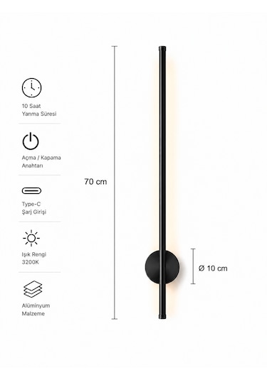 Flame Sarjlı Led Aplik 8w 3200k Gün Işığı 75cm Duvar Tipi /tablo Dekoratif Işık Siyah