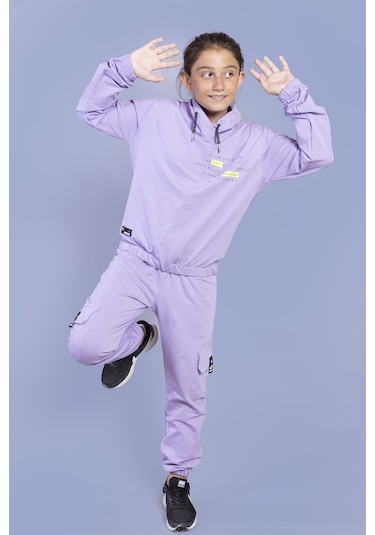Toontoy Kız Çocuk Baskılı Balıkçı Yaka Eşofman Takımı Lila