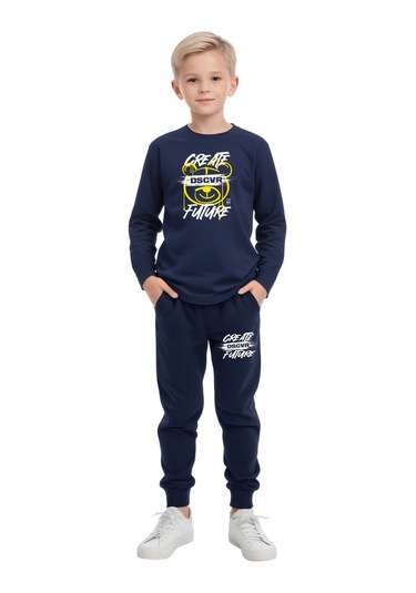 2li Erkek Çocuk Baskılı Sıfır Yaka Mevslimlik Alt-üst Takım Turuncu - Lacivert