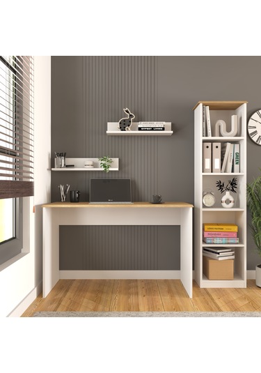 Olven Raflı Çalışma Masası Ve Kitaplık Seti , Beyaz - Meşe