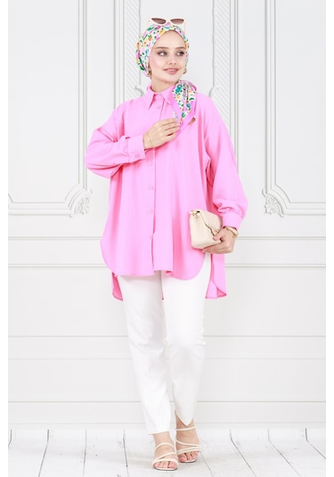Sevitli Bol Kesim Yırtmaçlı Gömlek-pembe-3984-pembe Pembe
