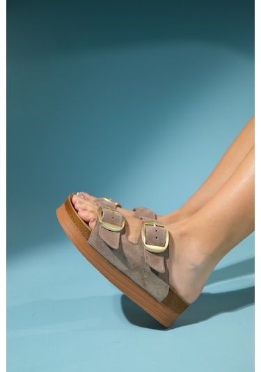 Luvishoes Harbor Kum Süet Çift Bantlı Hakiki Deri Kadın Kalın Tabanlı Terlik Bej