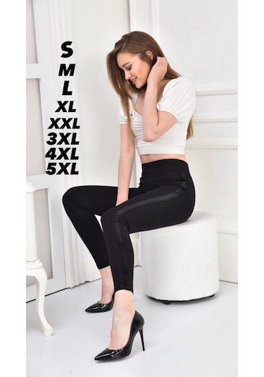 Kadın Siyah Simli Tek Şerit Toparlayıcı Yüksek Bel Tayt Siyah
