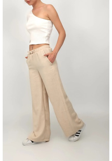 Kadın Beli Lastikli Geniş Paça Keten Pantolon Bej