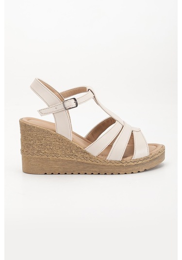 Kadın Dolgu Topuk Sandalet Ayakkabı Bej 3 Bantlı Baretli-3935 Bej