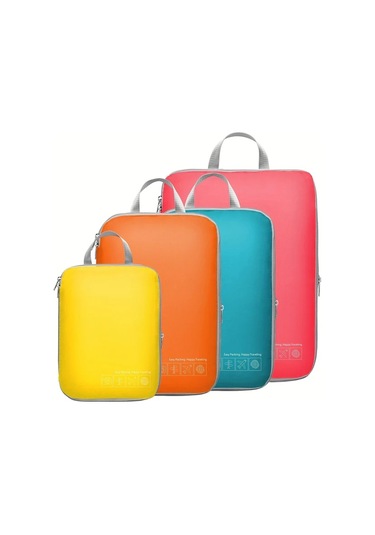 Fochsia 4 Parça Canlı Renk Sıkıştırma Seyahat Organizatörü Çantaları Black Nylon Yıkanabilir Ahşap