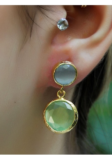 İkili Yuvarlak Modelli Kedigözü Cam Gold Kaplamalı Kadın Küpe Euku25by Yeşil