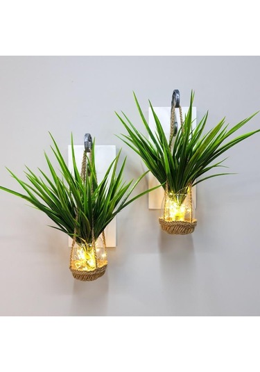 Duvar Dekoru, Led Işıklı, Yeşil Çimen Bitki, Beyaz Aplik İkili Set