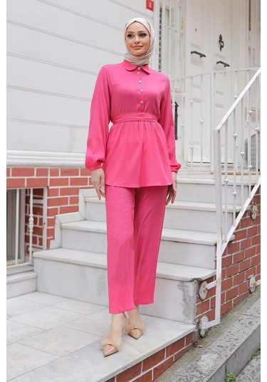 Taş Düğme Detaylı Takım Fuşya Fuşya