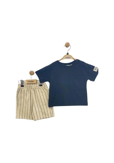 Çikoby Erkek Bebek Pamuklu Tshirt Çizgili Şortlu Takım-13913 Siyah