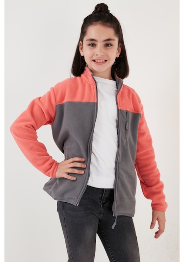Lela Yumuşak Dokulu Fermuarlı Renk Bloklu Dik Yaka Cepli Hırka Unisex Çocuk Polar 5905001 Somon-Gri