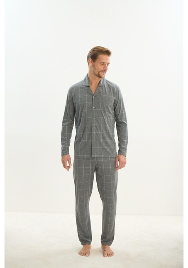 Erkek Uzun Kol Gömlek Yaka Önden Düğmeli Gri Pijama Takım C3t2n5o9 001