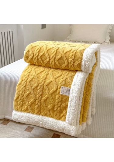 Hqgoodstore Yeni Ev Basit Düz Renk Kalınlaştırılmış Kuzu Kadife Çift Yumuşak Tek Battaniye Zencefil Sarı 150 200cm Sarı