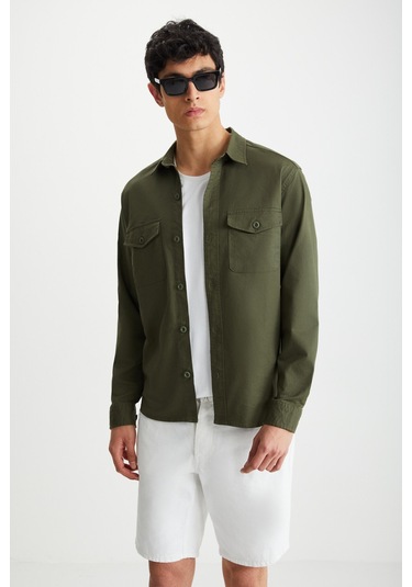 Nader Erkek Kalın Dokuma Kanvas Kumaşlı Gömlek Tipi Haki Ceket