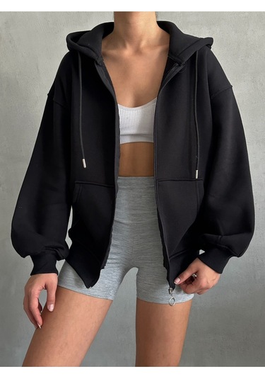 Kadın Fermuarlı Oversize Sweat Hırka Siyah