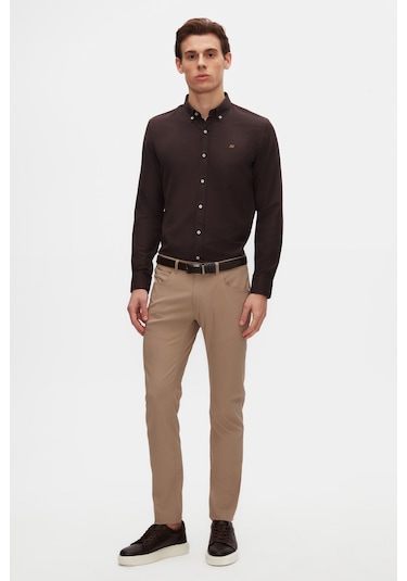 Ds Damat Slim Fit Acı Kahve Oxford Düğmeli Yaka Kolay Ütülenebilir Nakış Detaylı Pamuklu Gömlek 4hc02ort03265 Acı Kahve Acı Kahverengi