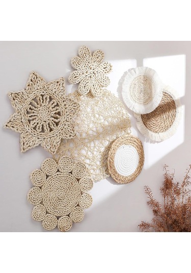 Reedark Bohemian Tarz Doğal Malzeme El Dokuma Duvar Sepeti Seti - 7 Parça, Ev Dekorasyonu, Saloon Ve Giriş Bölümü Dekoru