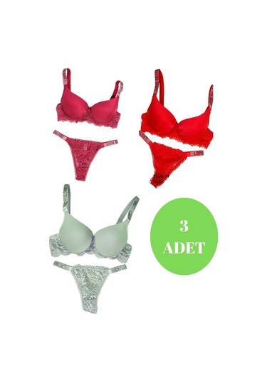 Murays Kadın 3lü Taşlı Mikro Sütyen Takım Bordo/kırmızı/yeşil