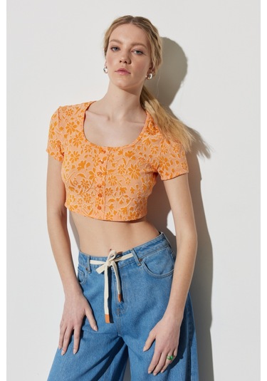 Regular Fit Normal Kesim Bisiklet Yaka Turuncu Crop Bluz Turuncu