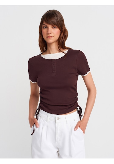 Dilvin 31816 Çift Katlı Büzgülü T-shirt-kahve Kahve