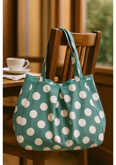Yunusoğlu Home Su Yeşili Çok Amaçlı Premium Oversize Puantiyeli Orta Boy Kanvas Kadın El Ve Omuz Çantası Su Yeşili Puantiyeli