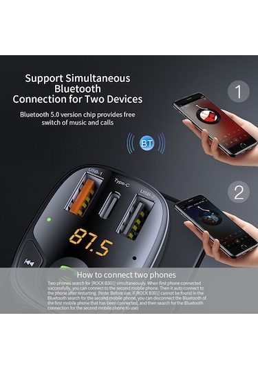 Rock B301 Çift Usb + Pd Bluetooth 5.0 Fm Verici Ve Araç Şarj Cihazı, Destek Tf Kartı / U-disk Siyah