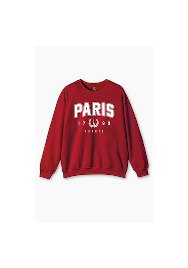 Kırmızı Sweat Paris France Fransa Şehir Yazı Baskılı Şardonlu Yumuşak Sweatshirt Kırmızı