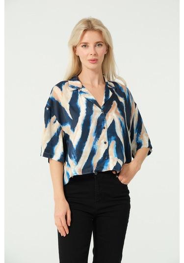 Saten V Yaka Crop Gömlek Multi Lacivert