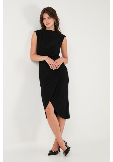 Lela Drape Ve Yırtmaç Detaylı Sıfır Yaka Kolsuz Midi Boy Bayan Elbise 611El694 Siyah
