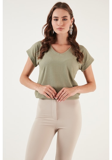 Lela Rahat Kesim Esnek V Yaka Bayan Bluz 5865039 Olive