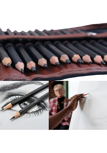 Kara Kalem Çizim Seti, Eskiz Kalem Seti, Dereceli Kalem Set, Tonlama-rulo Kalemlikli-31parça