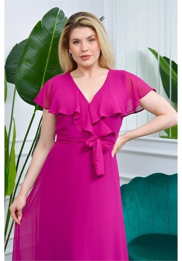 Neşeli Butik Kadın Mürdüm Kruvaze Yaka Bağlama Detaylı Uzun Şifon Elbise Nb0001 Mürdüm