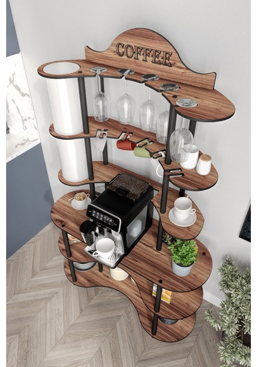 Brew-blıss Mutlu Kahve Köşesi-çok Amaçlı Mutfak Rafı Madran Ceviz-lambader Aydınlatmalı Ceviz