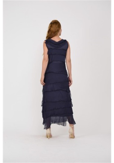 Italyan 2 Beden İnce Gösteren Kat Kat Kolsuz Ipek Elbise-8769 Lacivert