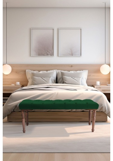 Gazzini Classic Torna Gürgen Ahşap Ayak Chester Model Kapitoneli Yeşil Puf Bench - Ceviz Ayak