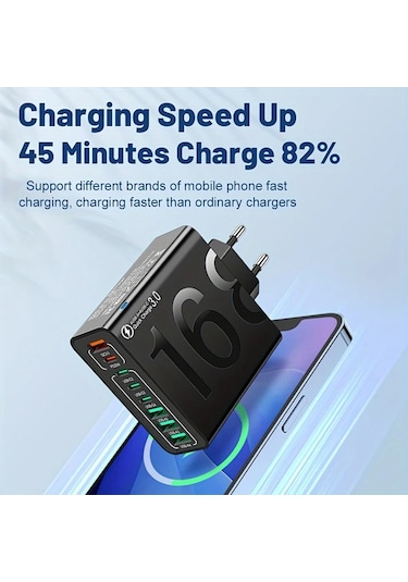 Xuweiwei Kaxoe 8in 1 Hızlı Şarj Siyah Usb Adaptör 4 Usb 4 Type C Telefon Şarj Aleti Qc 3 0 İphone Uyumlu Samsung İçin Siyah