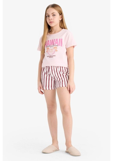 DeFacto Kız Çocuk Pijama Takımı Baskılı Kısa Kollu Tişört Çizgili Şort E6558A825SMPN343 Pembe