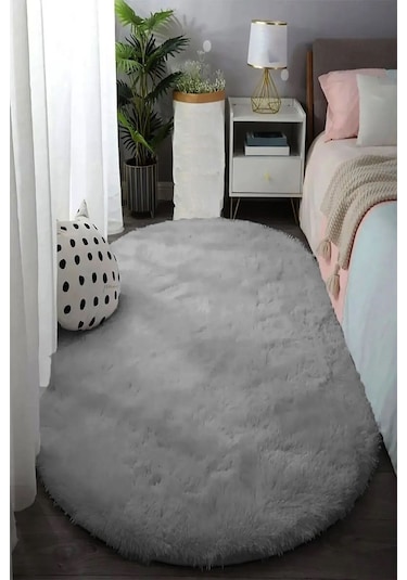Raschel Carpet Oval Kesme Yolluk Kaymaz Taban Kalın Yumuşak Peluş Halı Özel Taban Açık Gri Açık Gri