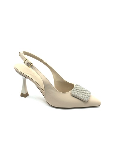 Feles Toka Taş Detaylı Arkası Açık Stiletto Kadın Topuklu Ayakkabı Ten-Saten