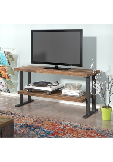 Vie Metal Ayaklı Doğal Ahşap Masif Panel Tv Ünitesi Siyah