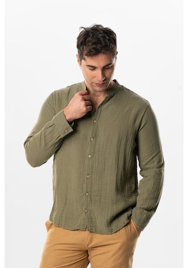 Uzun Kol Hakim Yaka Erkek Müslin Yazlık Gömlek Haki Hk-haki Haki