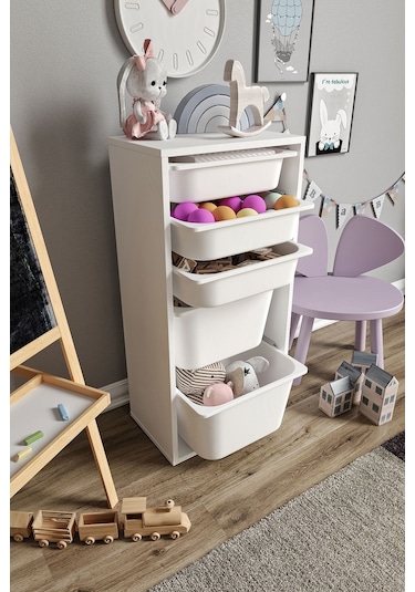 %100 Mdf - Medium Mono 5 Sepetli Oyuncak Dolabı Beyaz