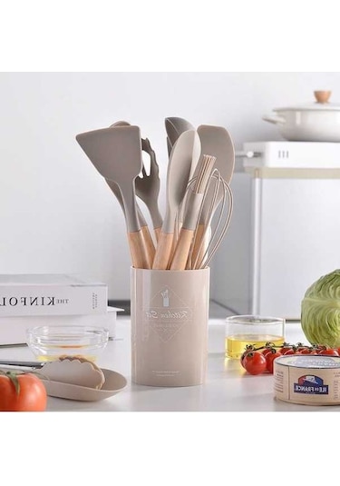 Fastbuy Silikon Mutfak Aksesuarı 12'li Set - Yapışmaz Pişirme Aleti - Haki Renk Haki