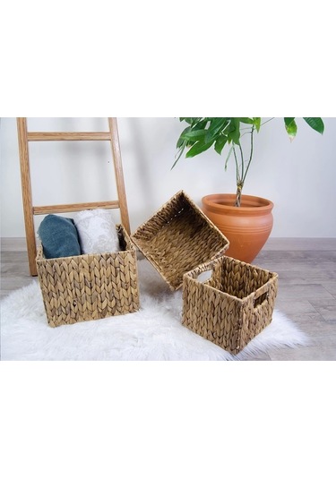 Dekoratif Kare Hasır Düzenleyici Sepet 3 Lü