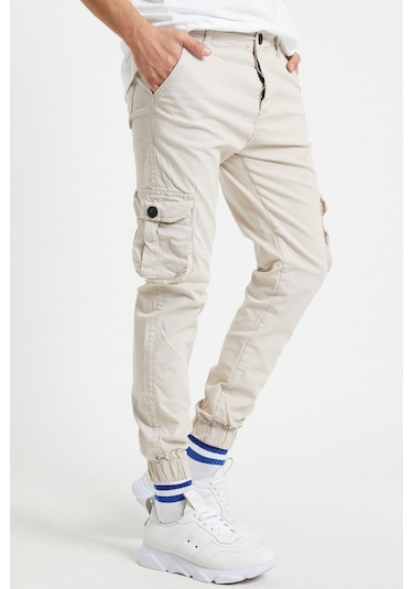 Slim Fit Körüklü Cep Paça Lastikli Esnek Kumaş Erkek Kargo Pantolon Bej